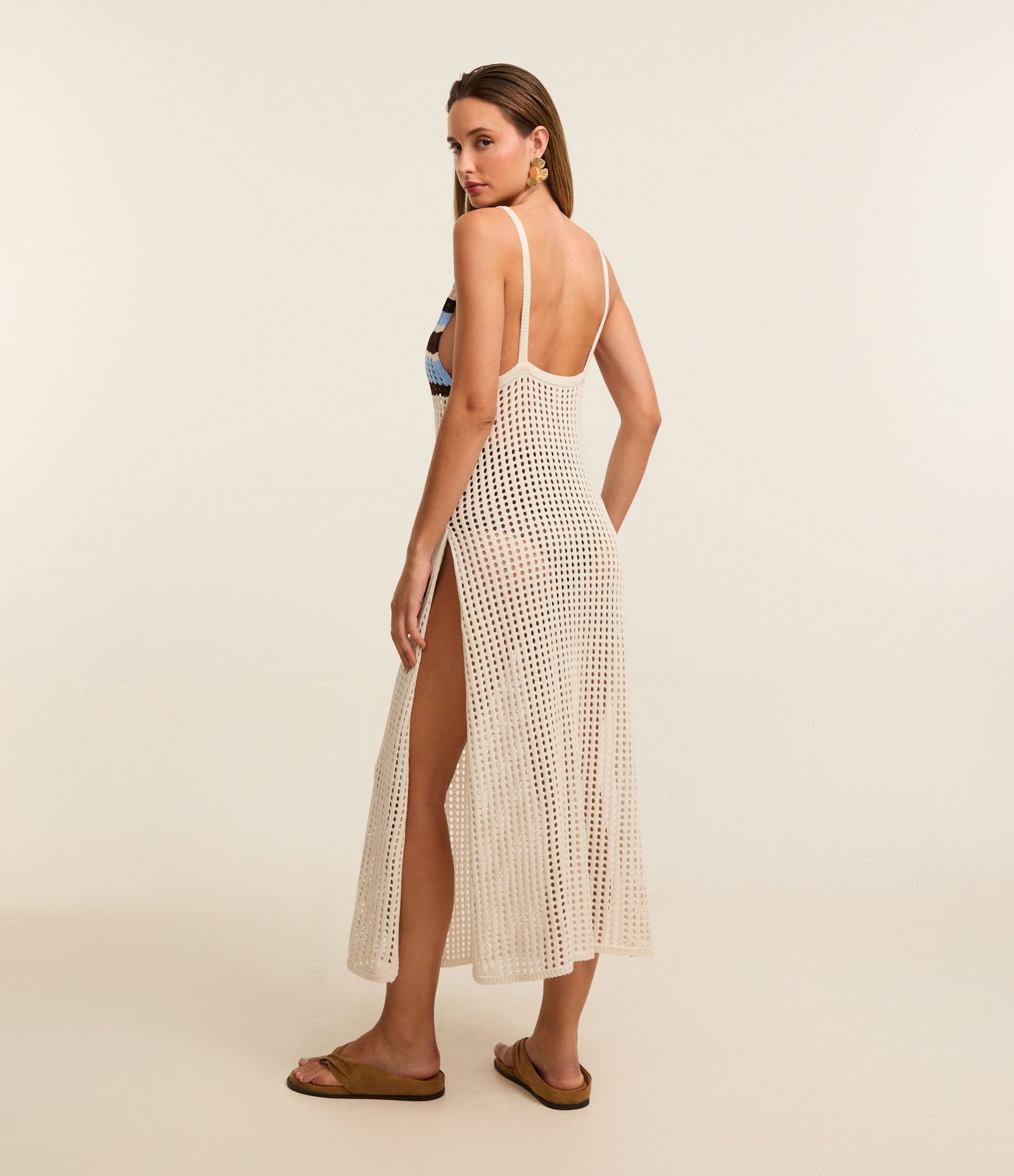 Saída de Praia Vestido Efeito Crochê com Listras Blocadas Off White 4