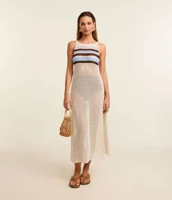 Saída de Praia Vestido Efeito Crochê com Listras Blocadas