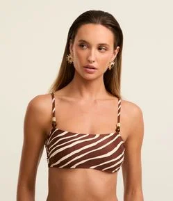 Biquíni Top Faixa Estampado de Animal Print Zebra com Aviamentos de Madeira