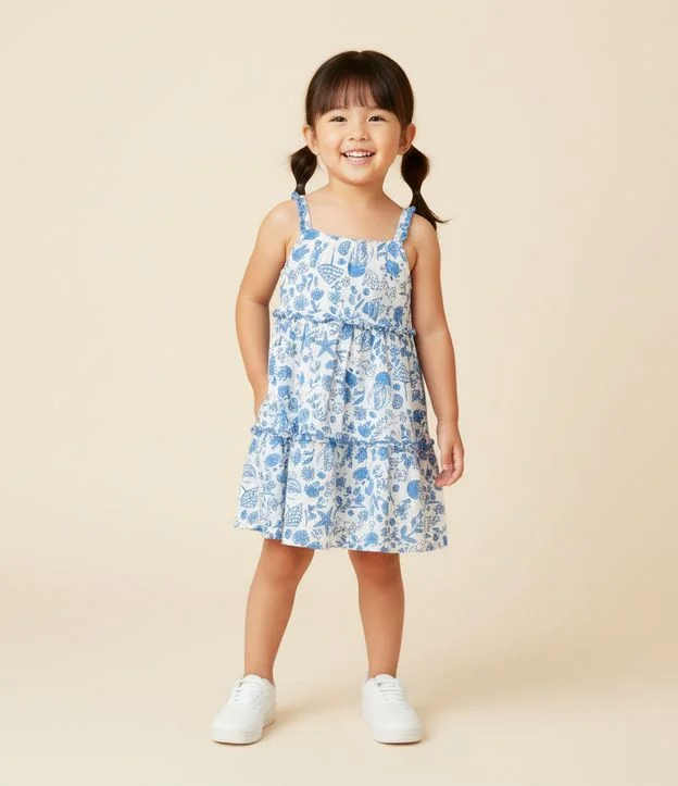 Vestido Infantil Marias com Estampa Fundo do Mar - Tam 1 a 6 Anos