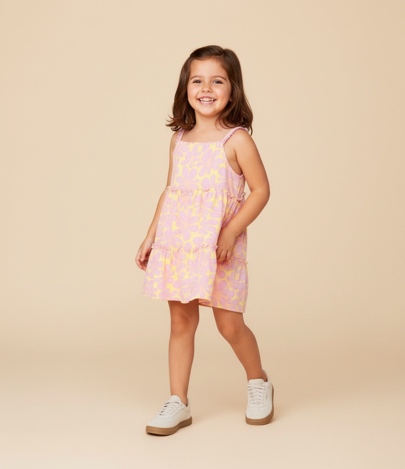 Vestido Infantil Marias com Estampa de Flores - Tam 1 a 6 Anos Amarelo/Rosa 1