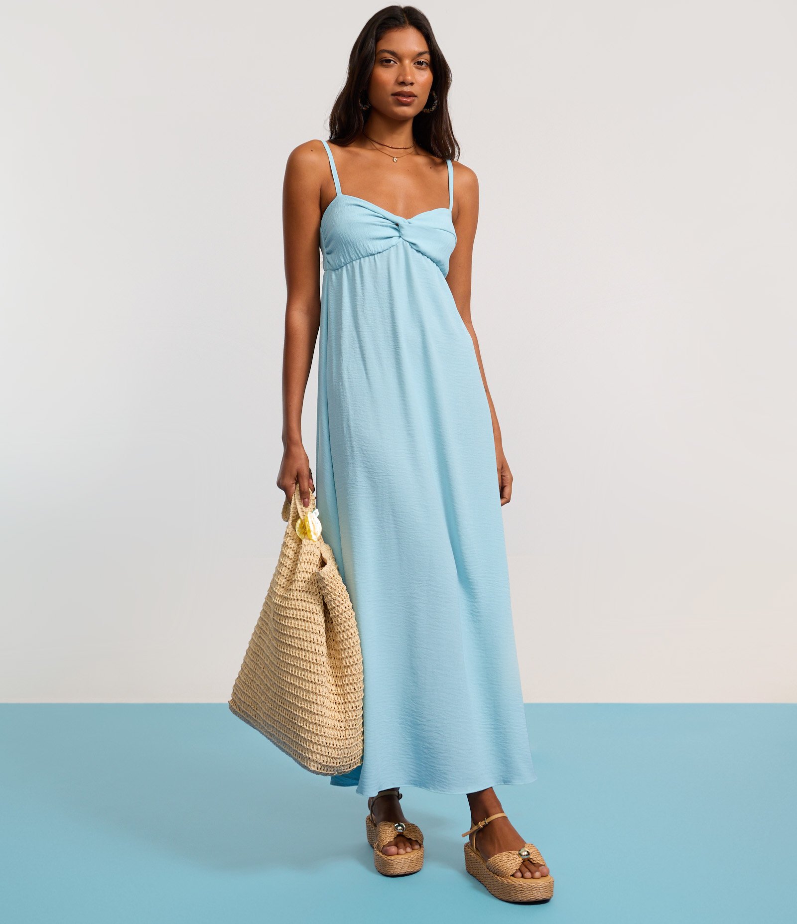 Vestido Longo em Crepe Airflow e Busto Torcido Azul 4