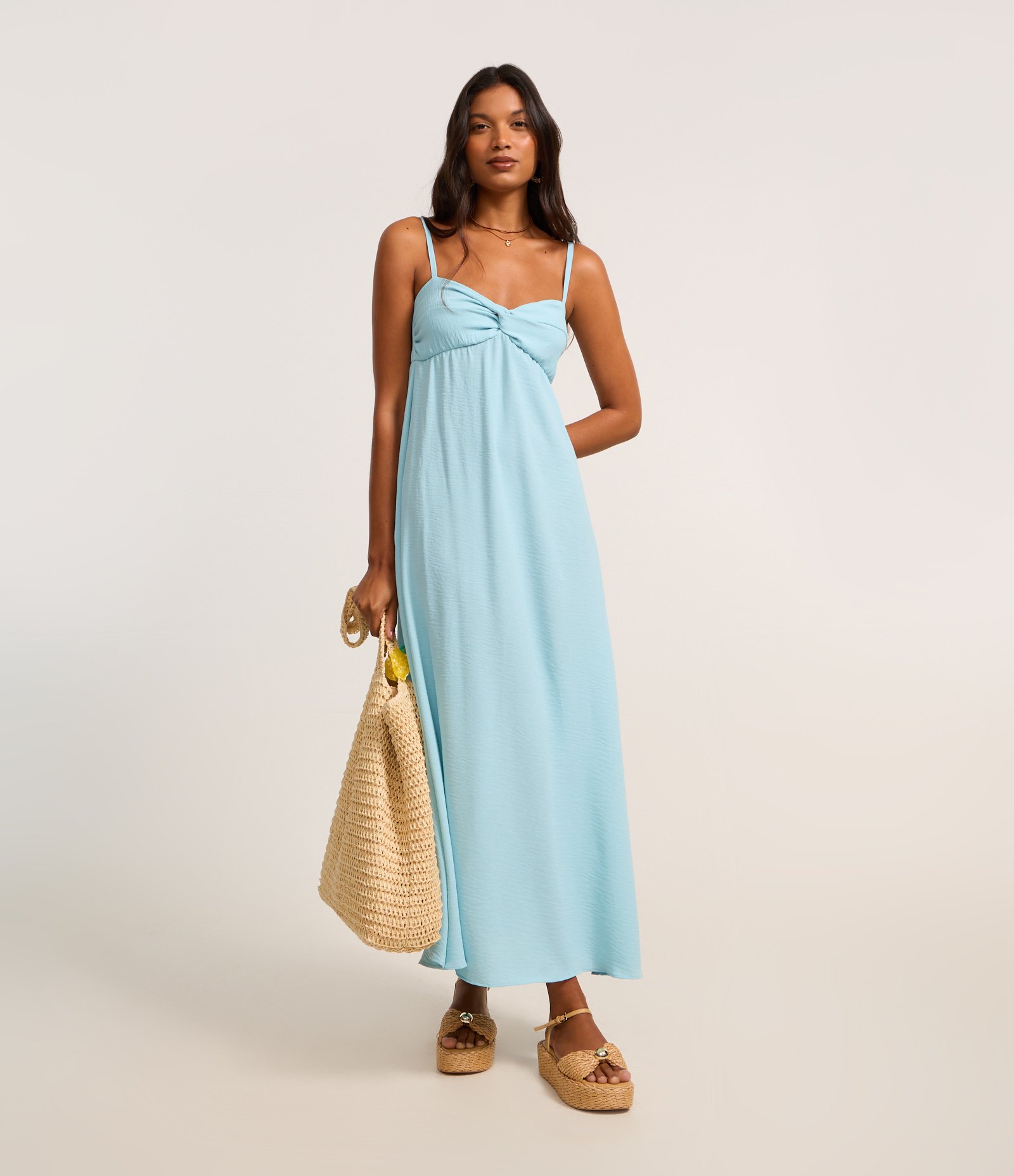 Vestido Longo em Crepe Airflow e Busto Torcido Azul 1