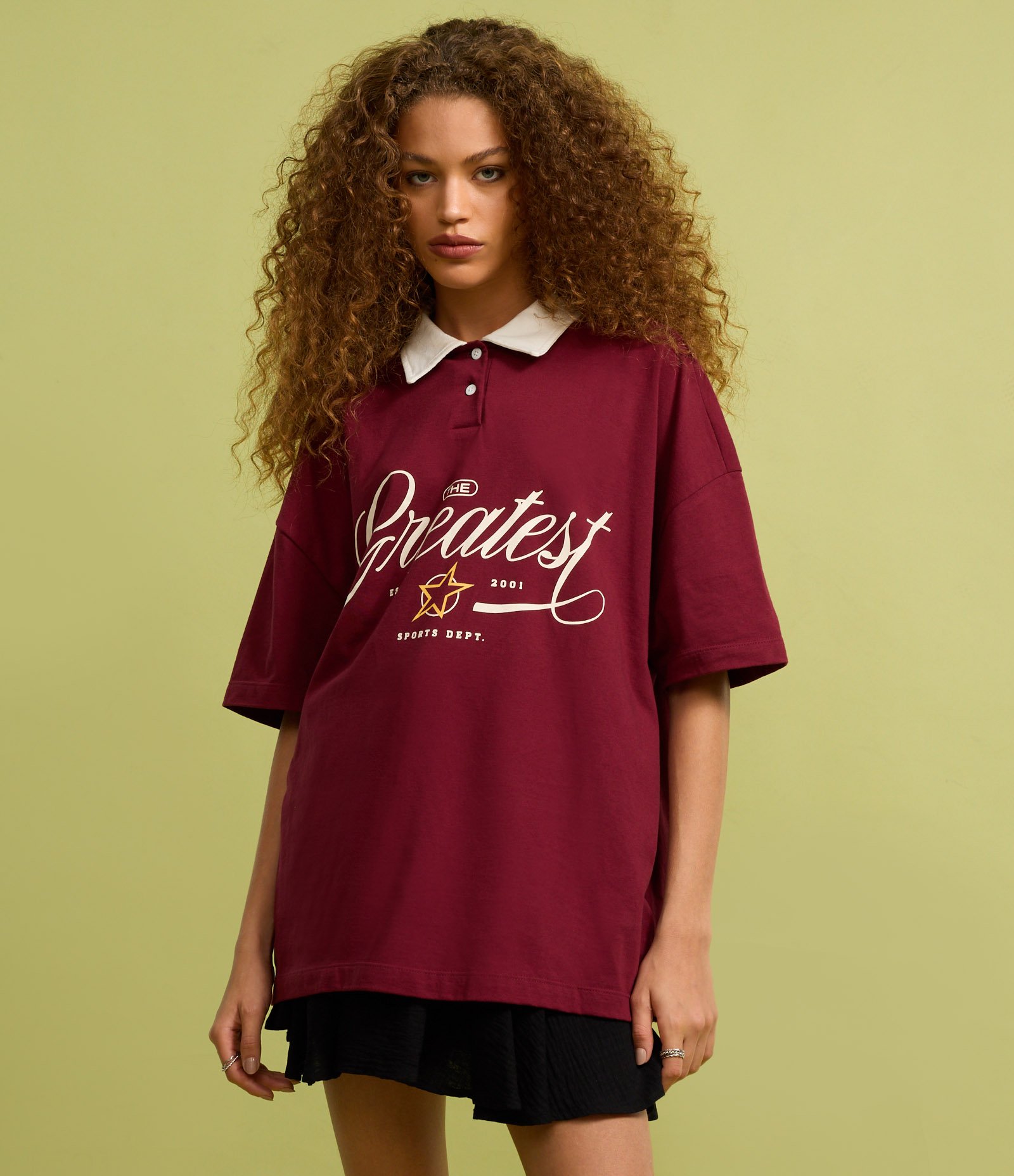 Camiseta Polo Oversized em Algodão com Estampa Greates Bordô 4