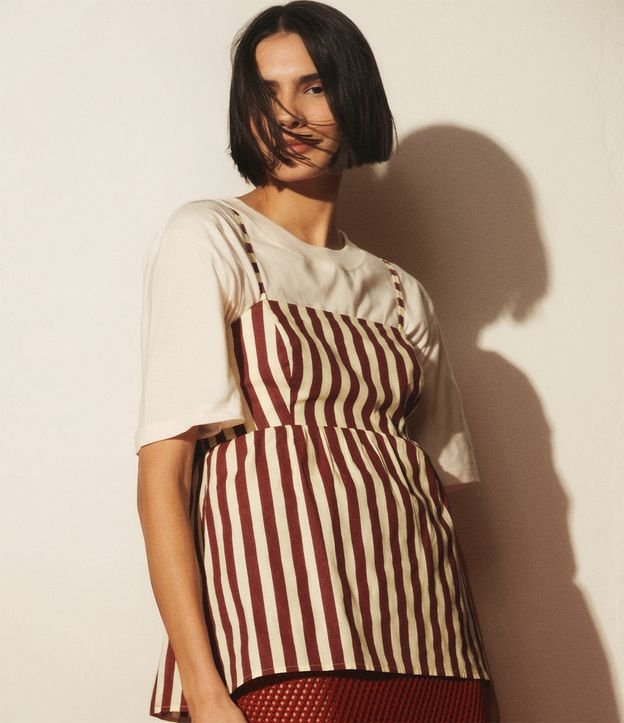 Blusa Peplum de Alça em Tricoline com Listras Verticais