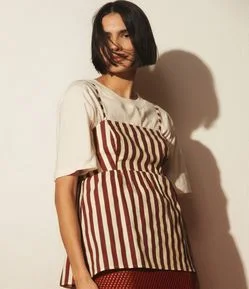 Blusa Peplum de Alça em Tricoline com Listras Verticais