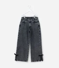 Calça Wide Leg Infantil em Jeans com Abertura na Barra e Laço - Tam 5 A 14 Anos
