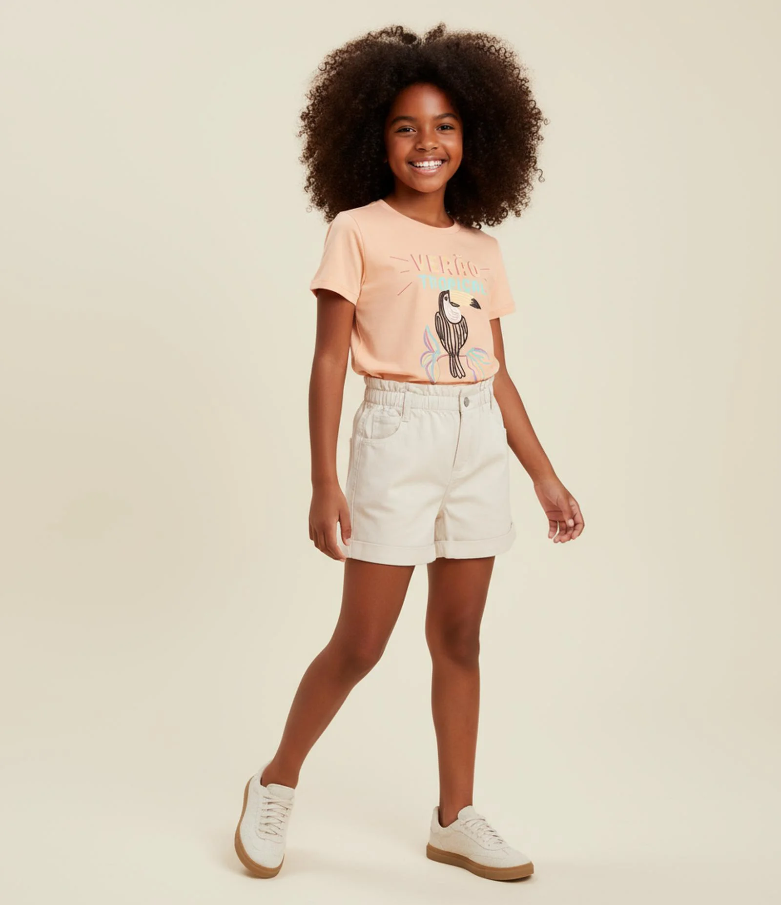 Short Clochard Infantil em Sarja com Cós Elástico - Tam 5 a 14 anos Bege 1