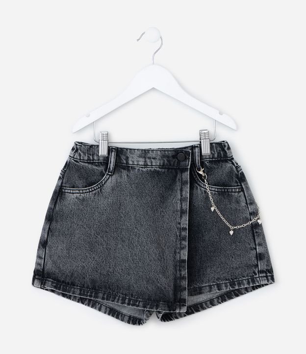 Short Saia Infantil em Jeans com Enfeite de Corrente - Tam 7 A 14 Anos