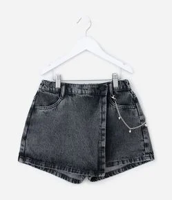 Short Saia Infantil em Jeans com Enfeite de Corrente - Tam 7 A 14 Anos
