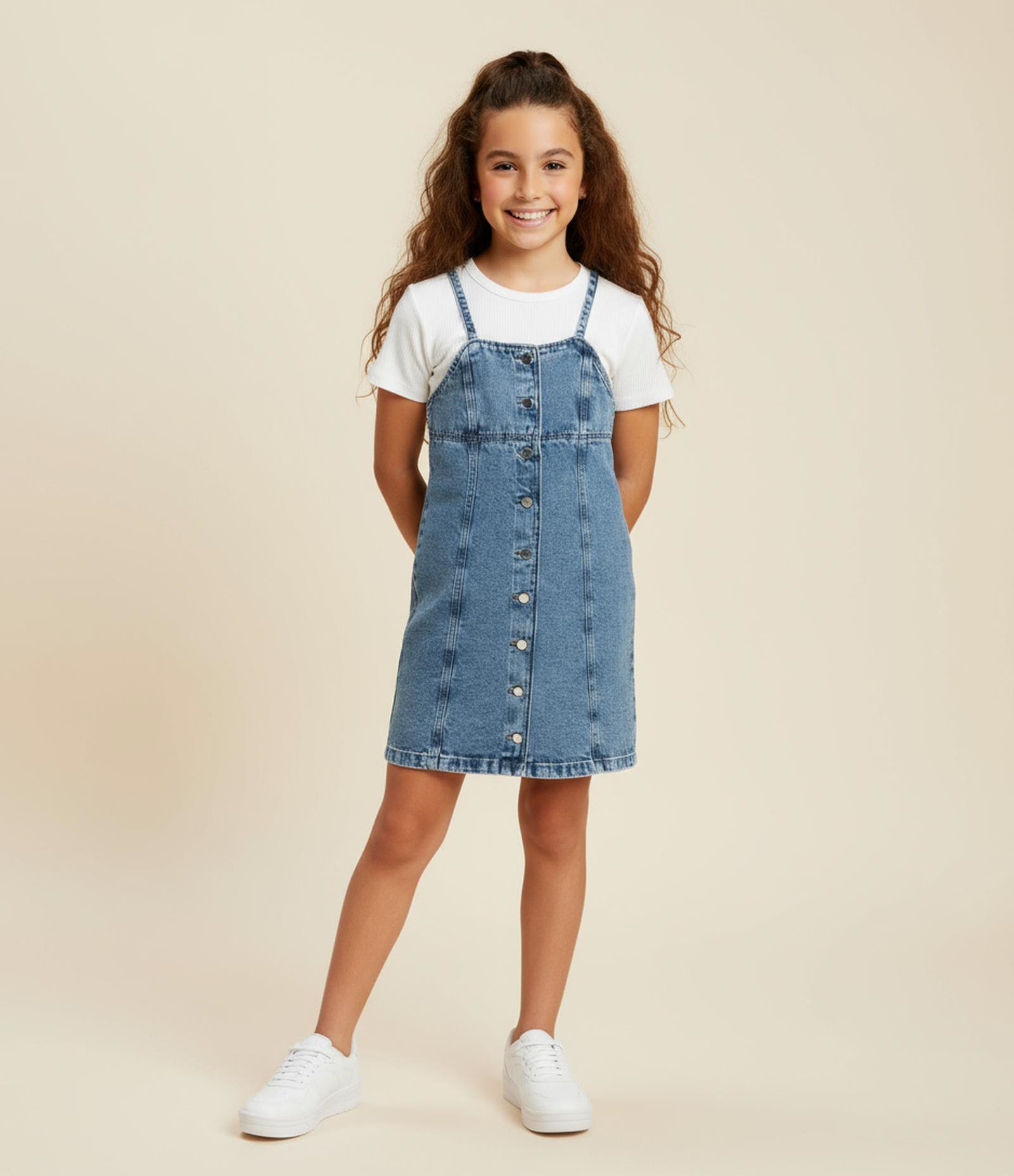 Vestido Infantil Jeans com Botões - Tam 5 a 14 Anos Azul 1