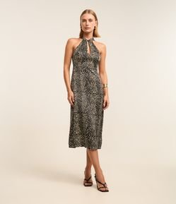 Vestido Midi em Cetim Poá com Fenda