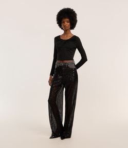 Calça Reta em Jeans com Short Sobreposto e Paetês