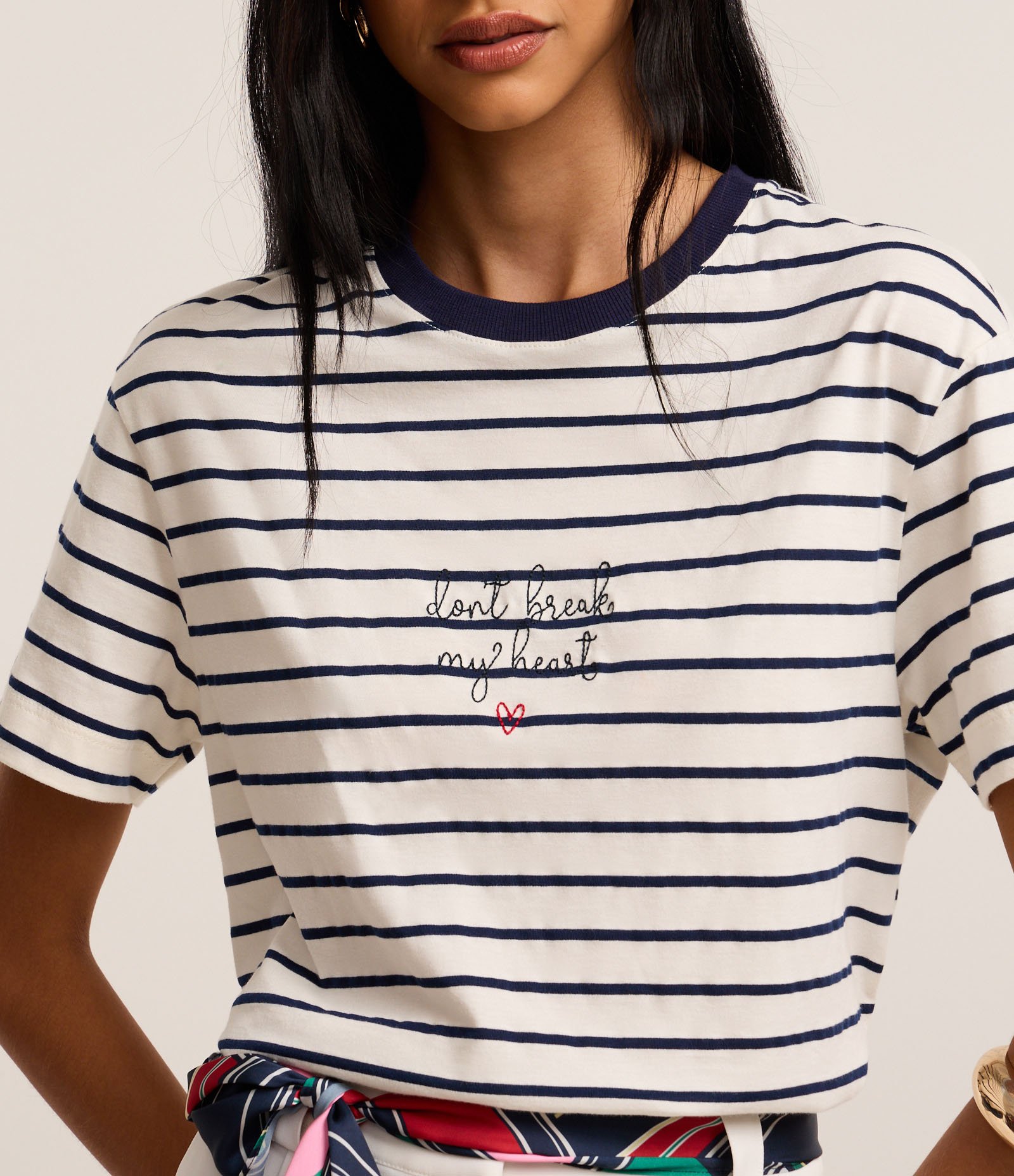 Blusa Slim Listrada em Algodão com Bordado Romântico Azul/Off White 3