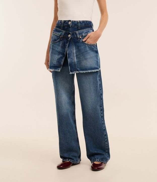 Calça Reta em Jeans com Saia Sobreposta e Cós Duplo