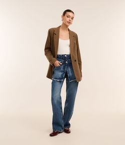 Calça Reta em Jeans com Saia Sobreposta e Cós Duplo