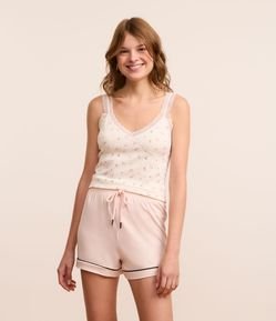 Blusa de Pijama Seamless com Estampa Floral e Renda Cruzada