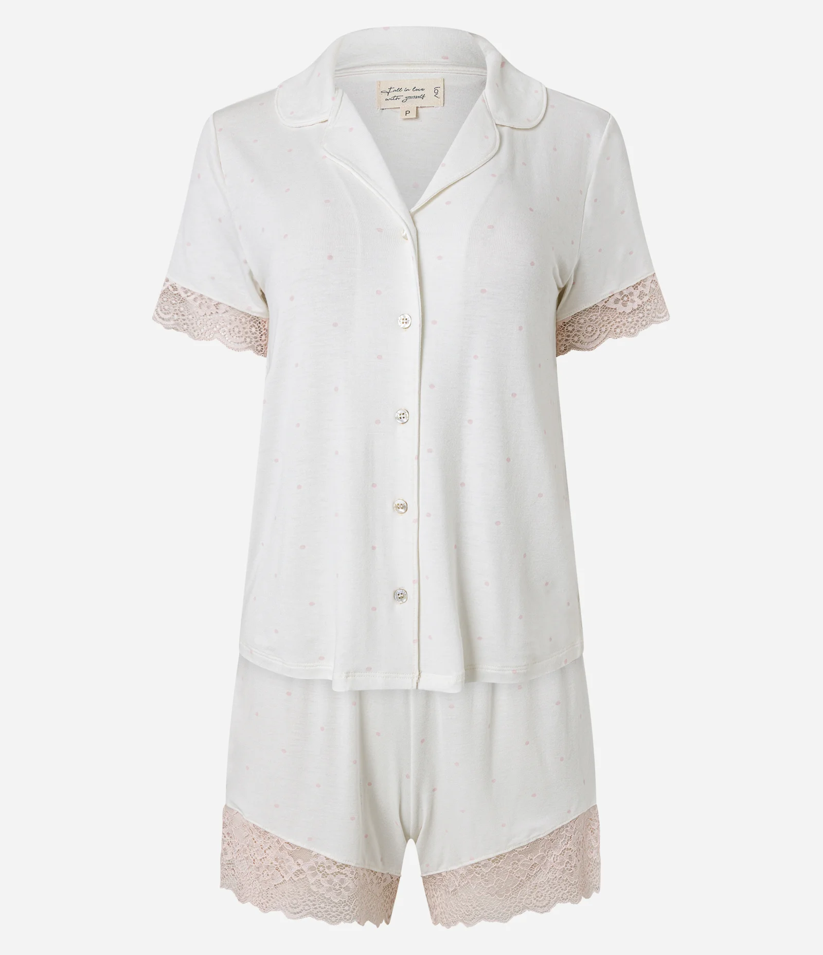 Pijama Short Doll Americano com Barra Rendada e Estampa Mini Poá Off White 5