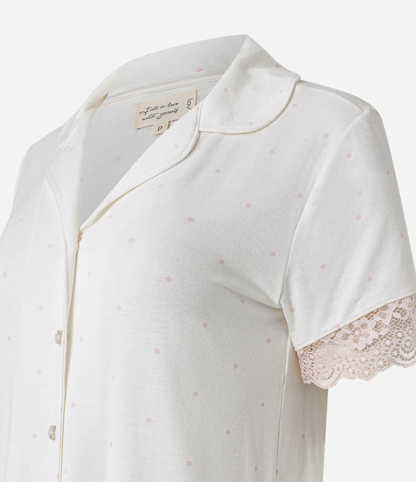 Pijama Short Doll Americano com Barra Rendada e Estampa Mini Poá Off White 6