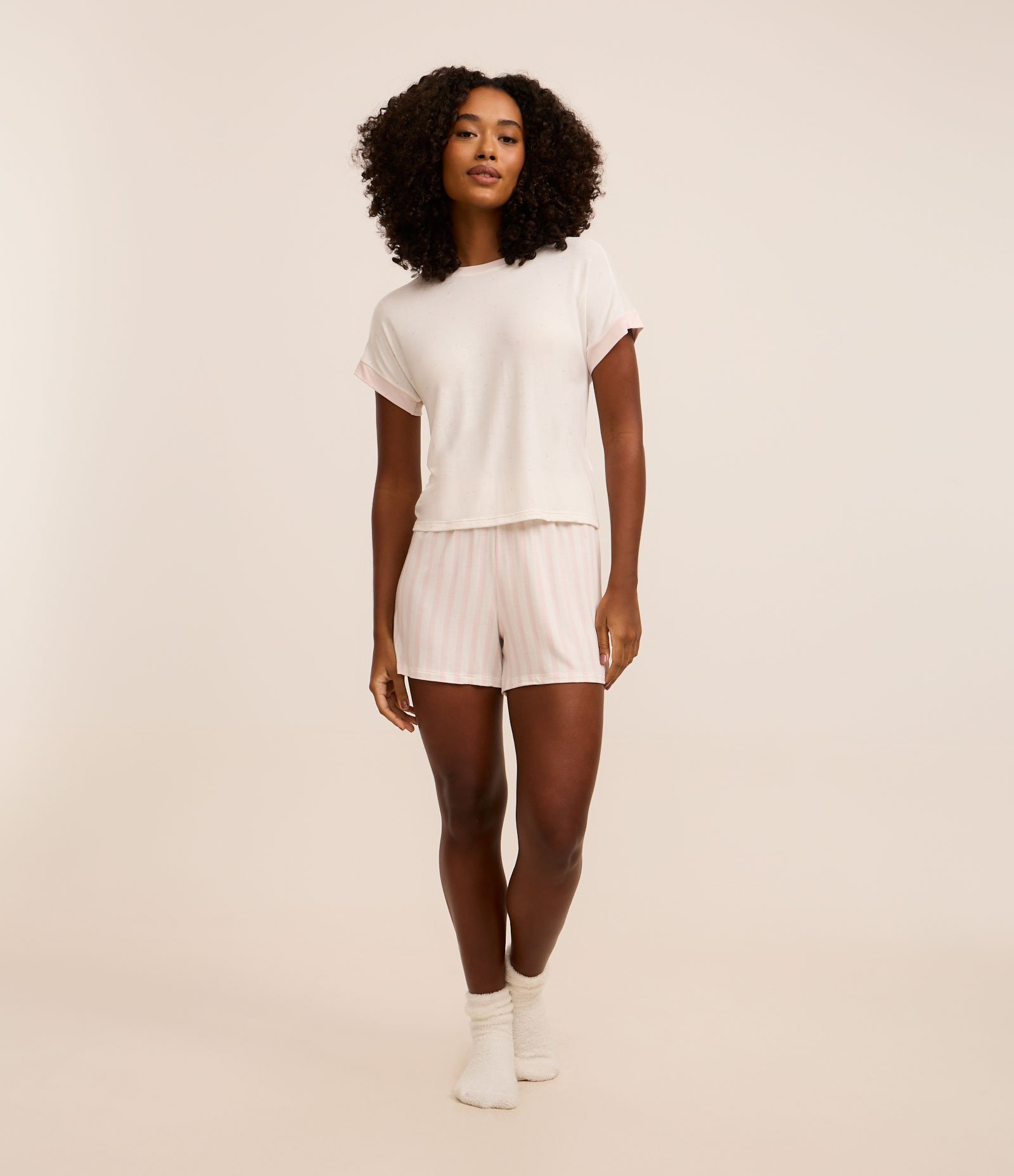 Pijama Short Doll com Estampa Listras e Poá Off White 1