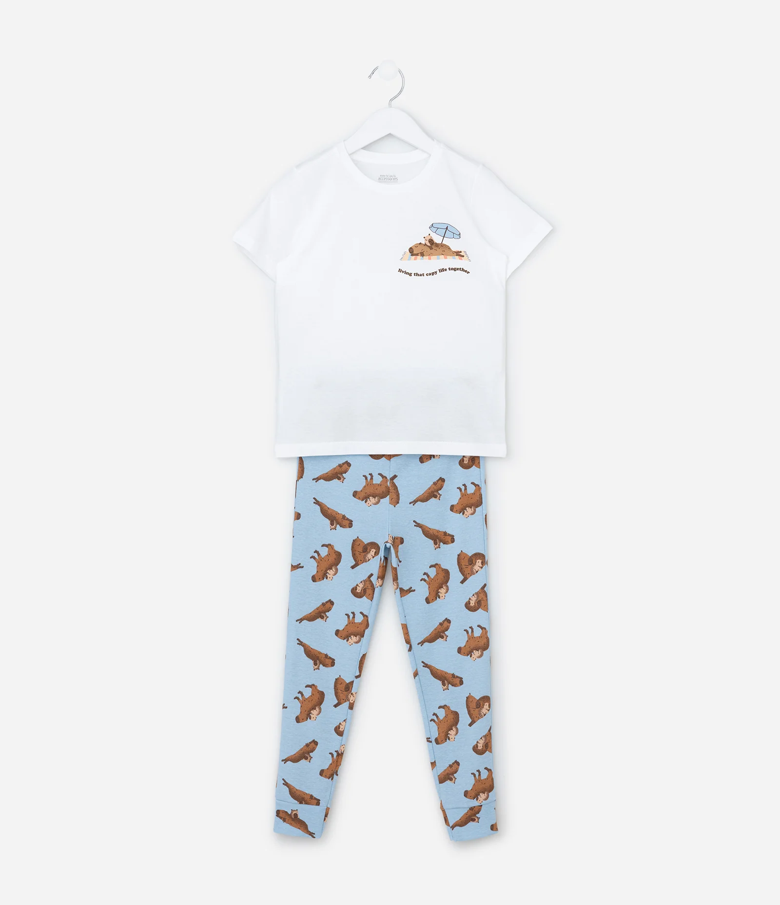 Pijama Infantil em Algodão com Estampa Capivaras - Tam 2 a 14 Anos Branco/Azul 1