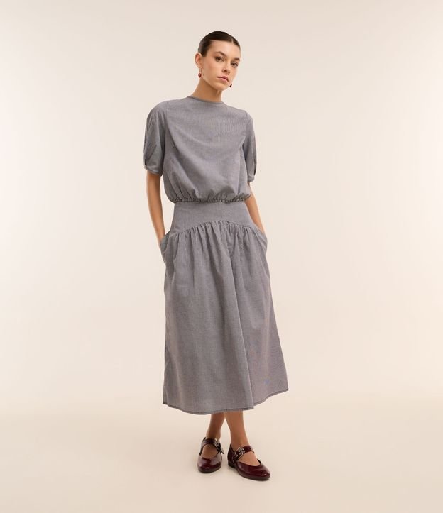 Blusa em Tricoline Xadrez Vichy com Manga Bufante