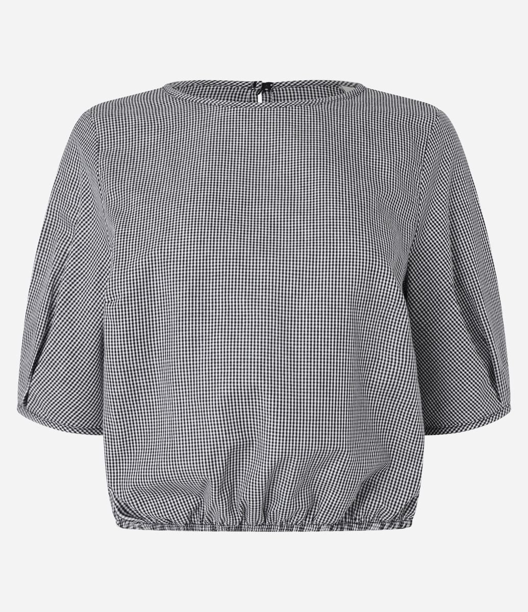 Blusa em Tricoline Xadrez Vichy com Manga Bufante Preto