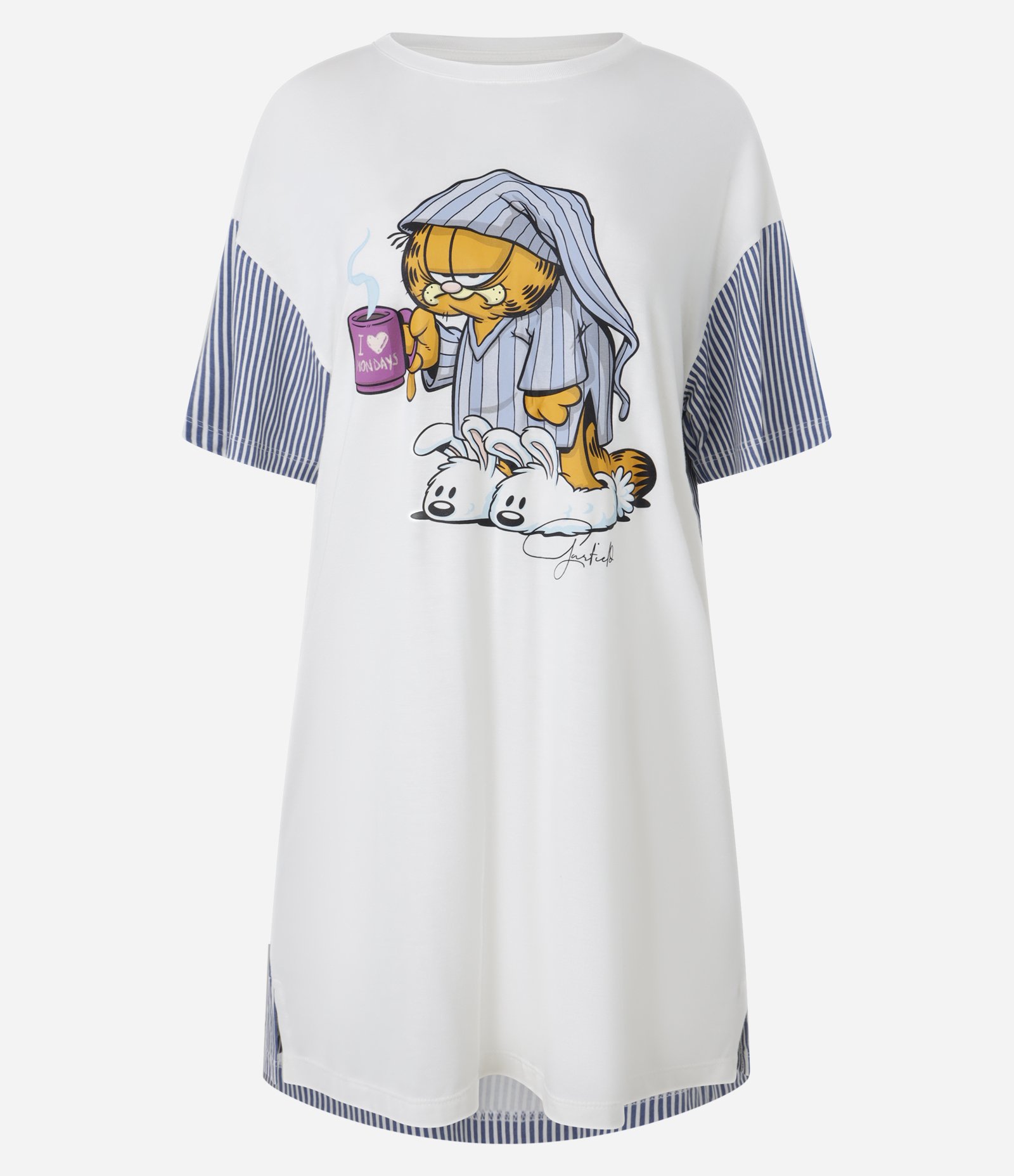 Camisola Curta em Viscose com Estampa Garfield e Listras Branco 4