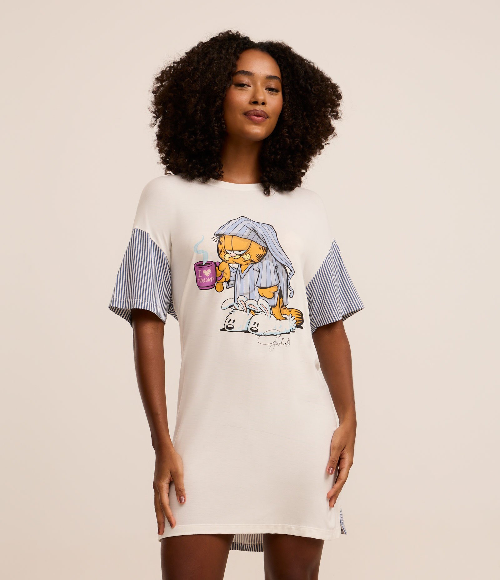 Camisola Curta em Viscose com Estampa Garfield e Listras Branco 1