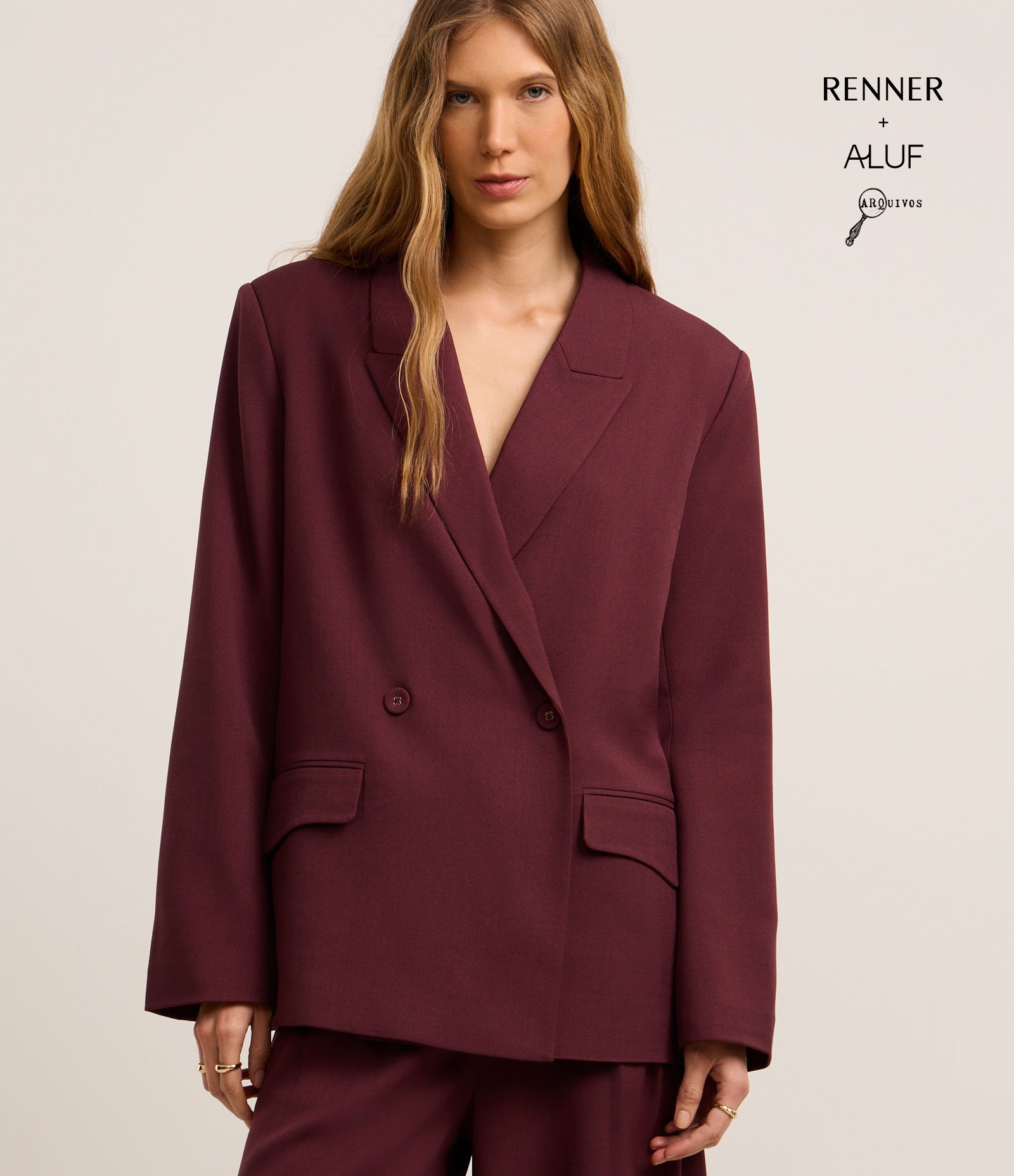 Blazer Oversized em Alfaiataria Transpassado com Bolsos Lapela Bordô 1