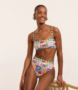 Biquíni Top Faixa em Microfibra com Estampa Tropical e Listras