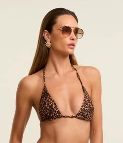 Biquíni Top Cortininha Estampado de Oncinha e com Aviamento de Madeira