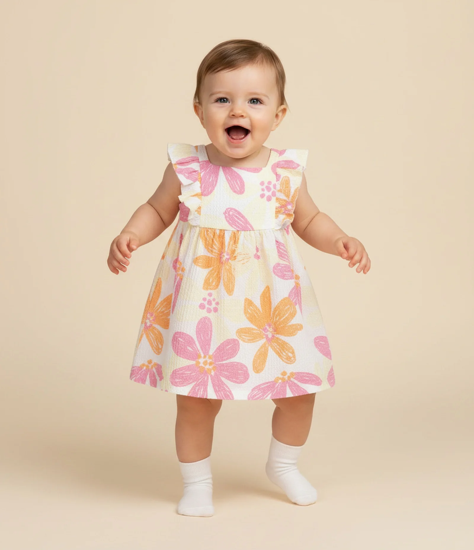 Vestido Infantil com Estampa Floral e Textura - Tam 0 a 18 Meses Multicores 1