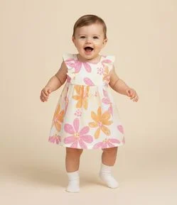 Vestido Infantil com Estampa Floral e Textura - Tam 0 a 18 Meses