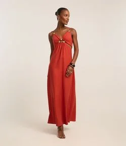 Vestido Midi em Viscolinho com Recorte Cut Out e Aviamentos