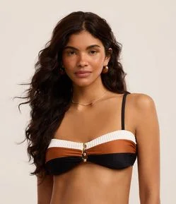 Biquini Top Bandeau em Microfibra com Bloco de Cor e Aviamento no Busto