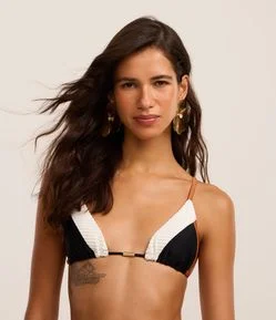 Biquíni Top Cortininha em Microfibra com Bloco de Cor e Aviamento