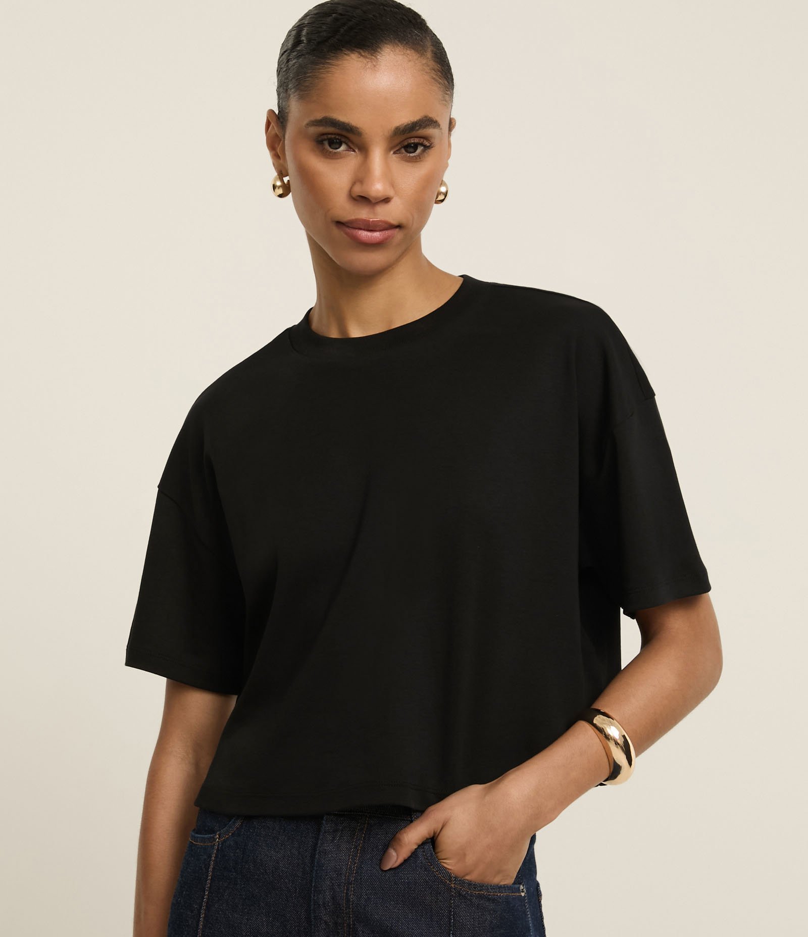 Camiseta Boxy em Algodão Peruano com Manga Ampla Preto 1