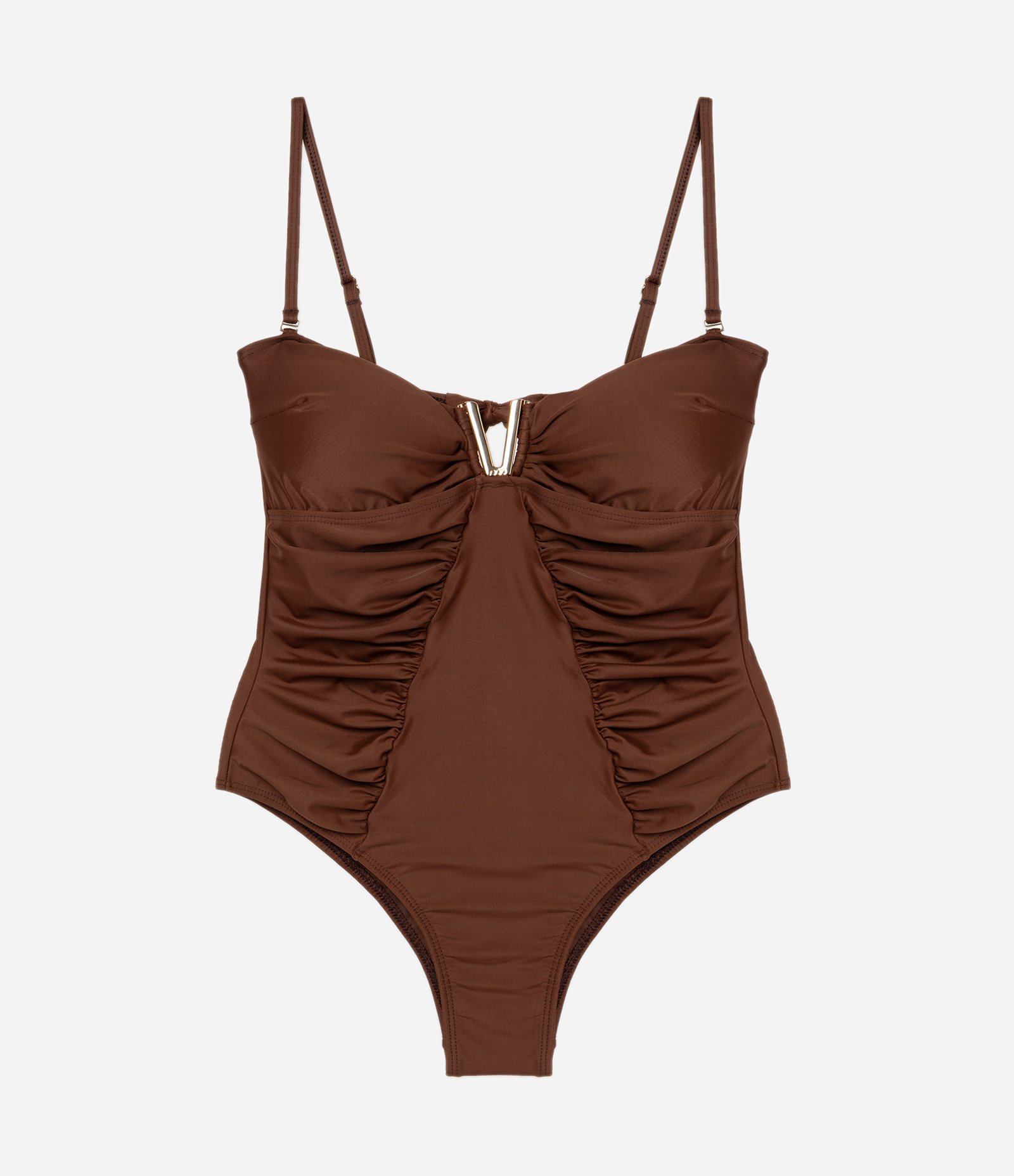 Maiô em Poliamida Drapeado com Recorte Vazado e Detalhe Metalizado Marrom 4