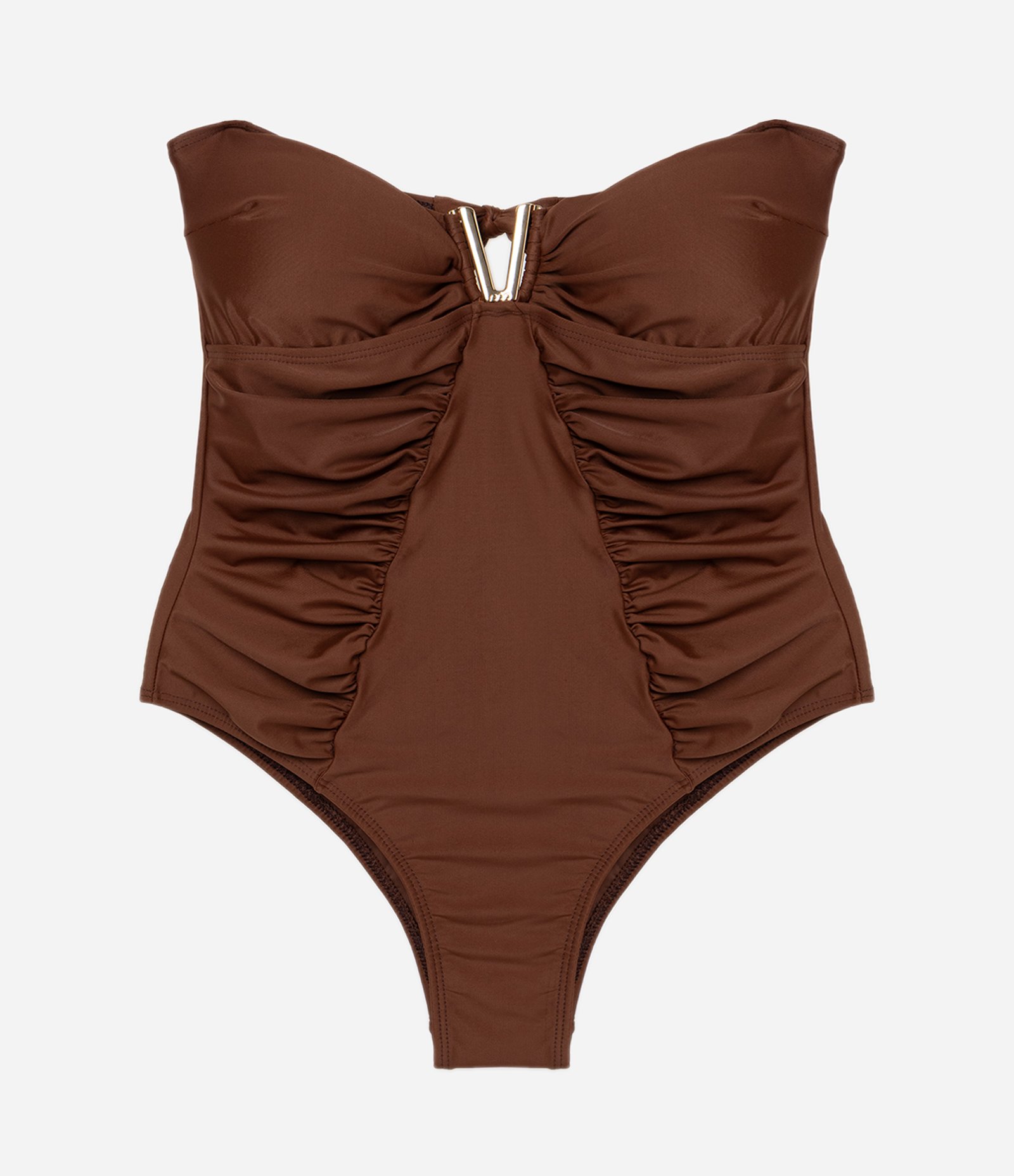 Maiô em Poliamida Drapeado com Recorte Vazado e Detalhe Metalizado Marrom 6
