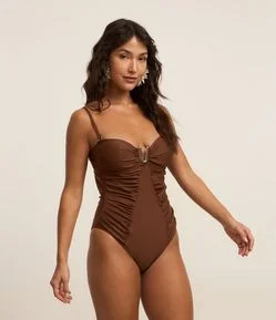 Maiô em Poliamida Drapeado com Recorte Vazado e Detalhe Metalizado