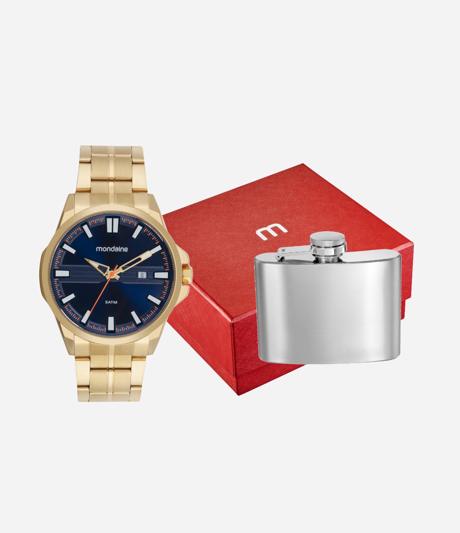 Kit Relógio Cronógrafo Cromado Masculino Mondaine Dourado 1