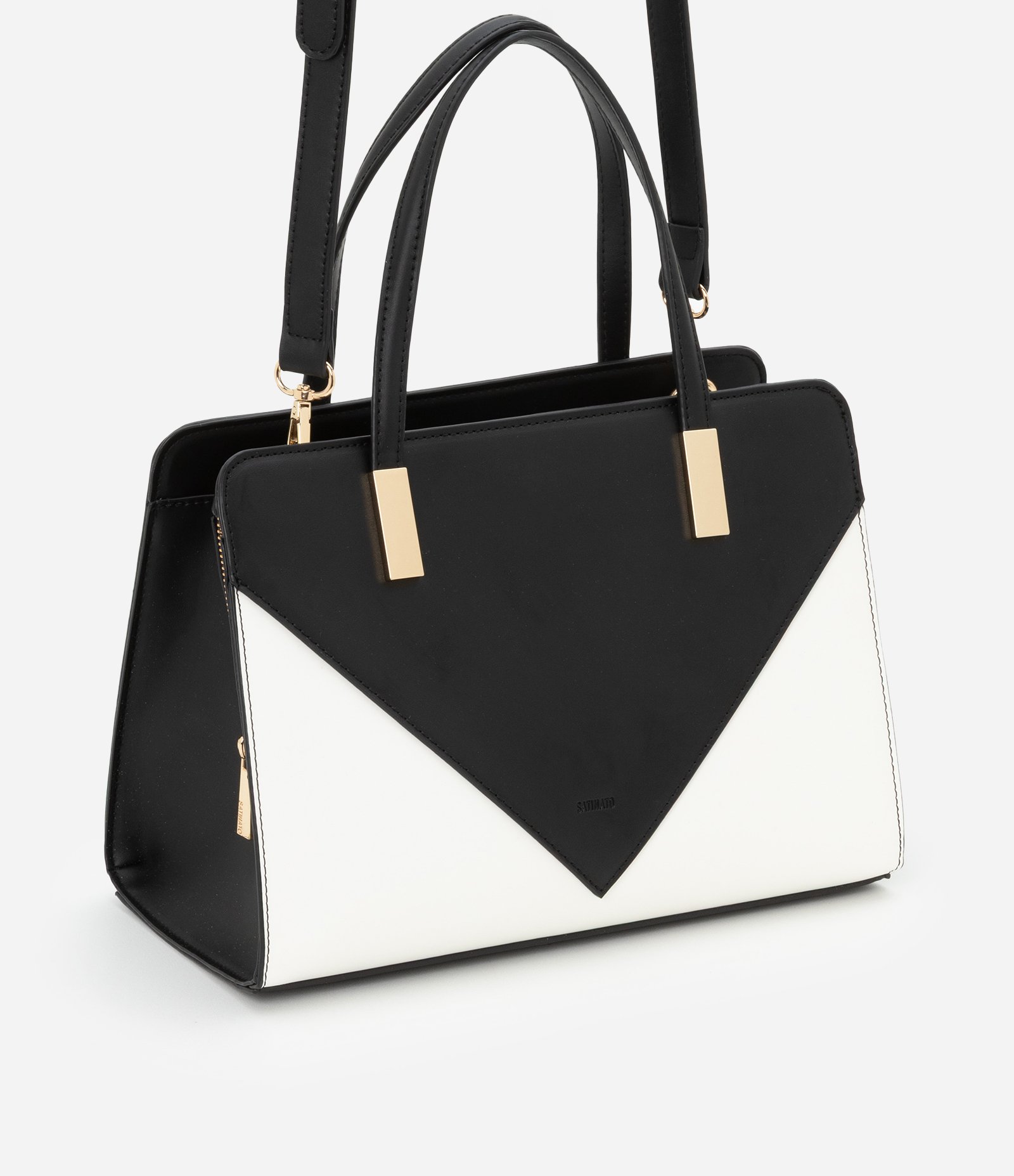 Bolsa Satchel Média com Detalhes Contrastantes Bicolor Preto/Off White 2