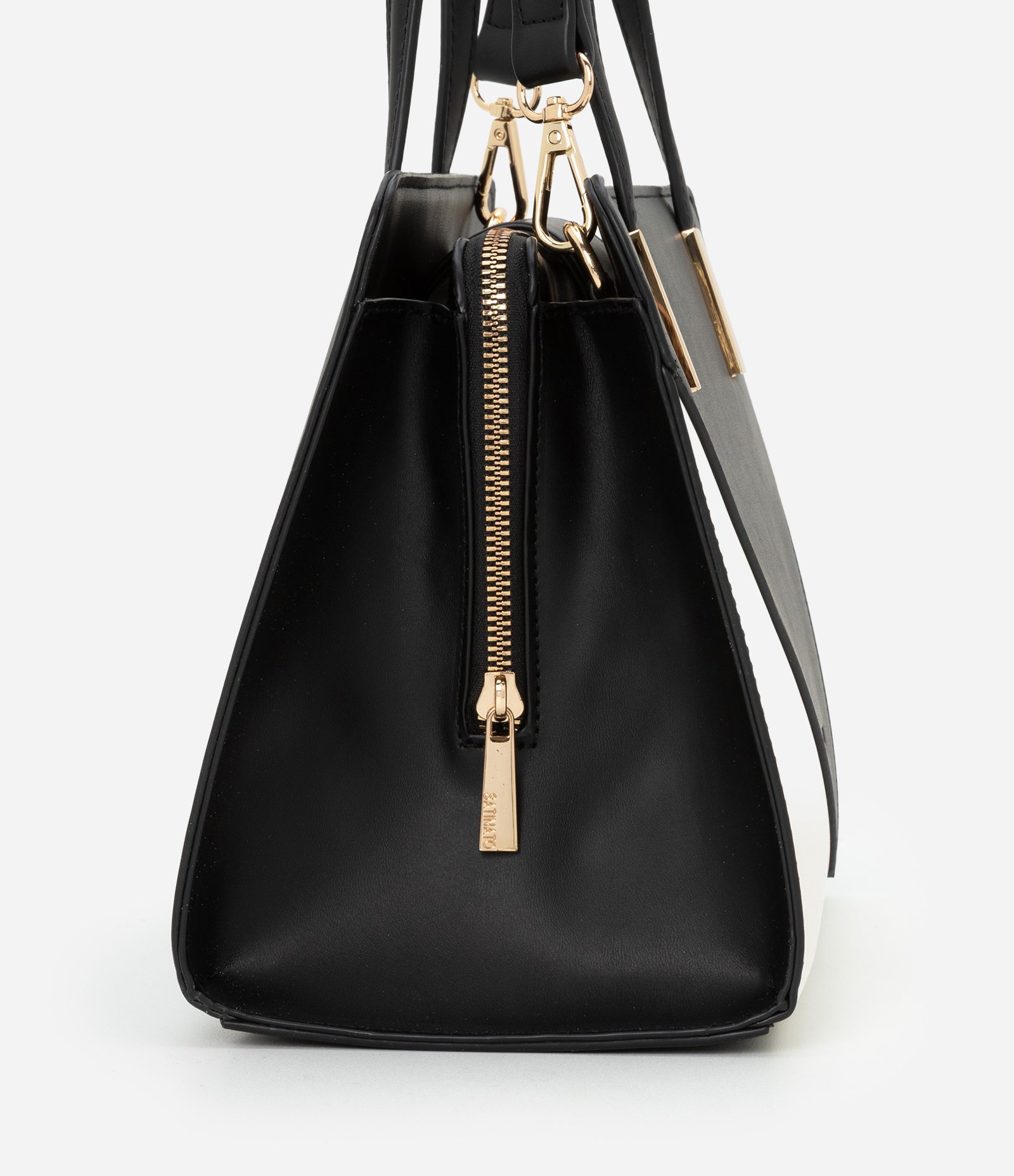 Bolsa Satchel Média com Detalhes Contrastantes Bicolor Preto/Off White 3