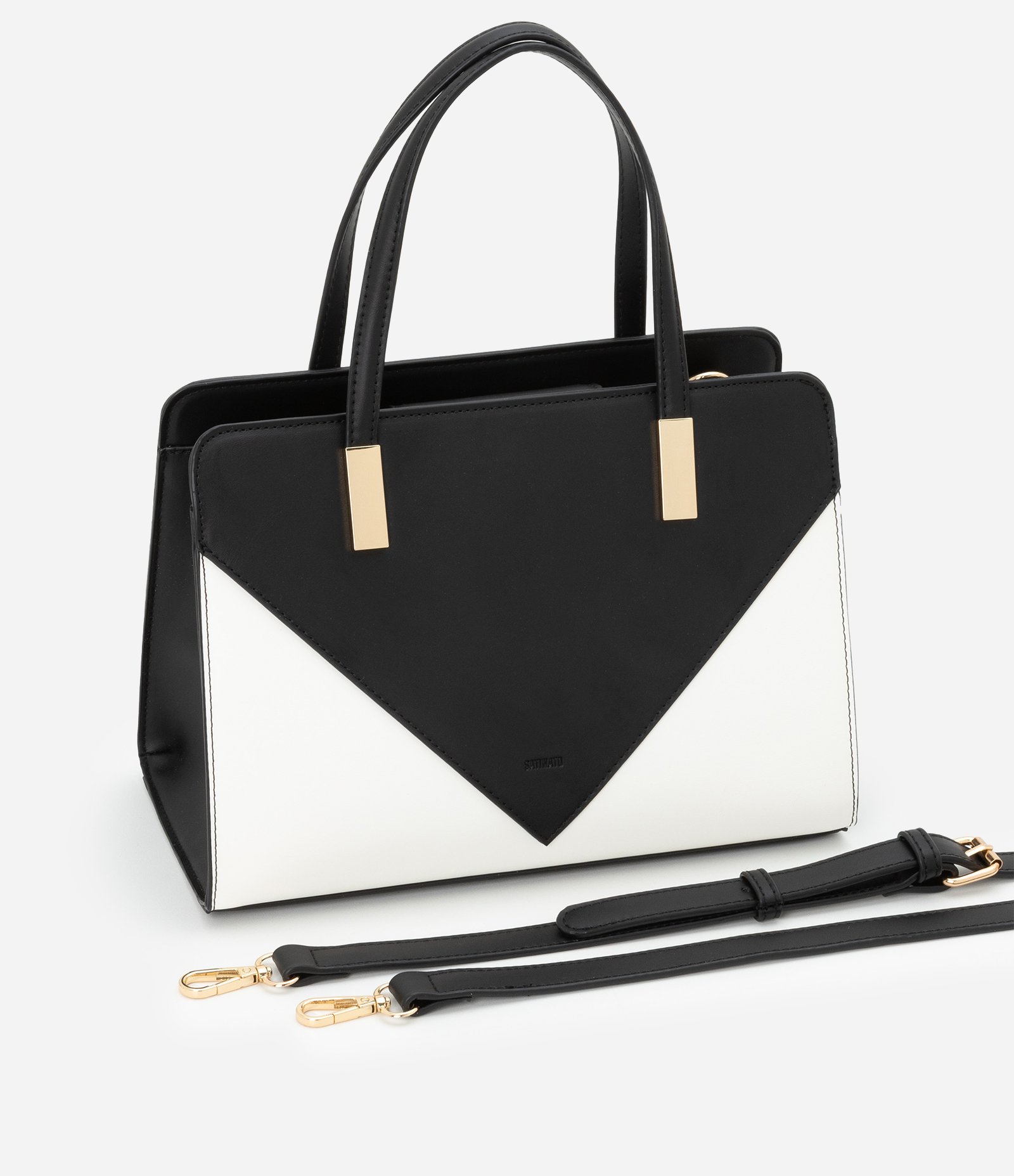 Bolsa Satchel Média com Detalhes Contrastantes Bicolor Preto/Off White 5