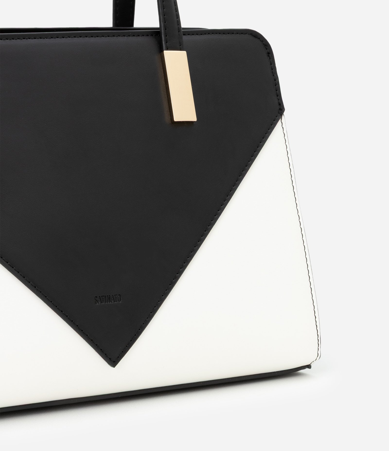 Bolsa Satchel Média com Detalhes Contrastantes Bicolor Preto/Off White 6