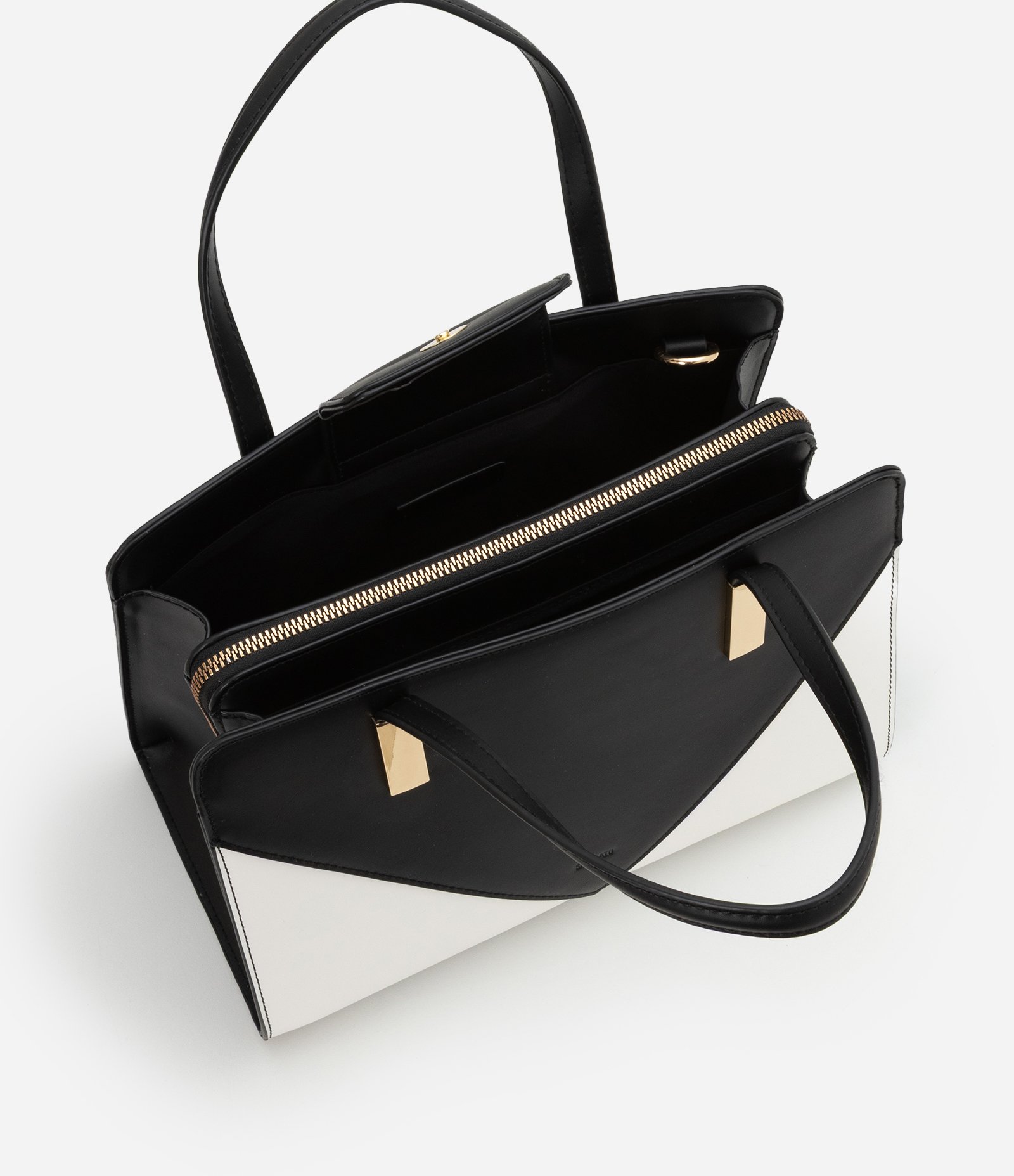 Bolsa Satchel Média com Detalhes Contrastantes Bicolor Preto/Off White 8