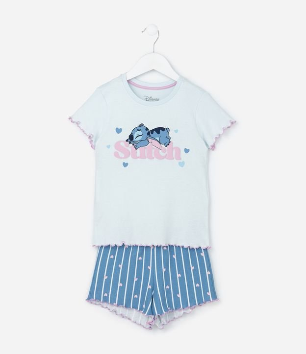 Pijama Infantil em Ribana com Estamoa do Stitch - Tam 5 a 14 Anos