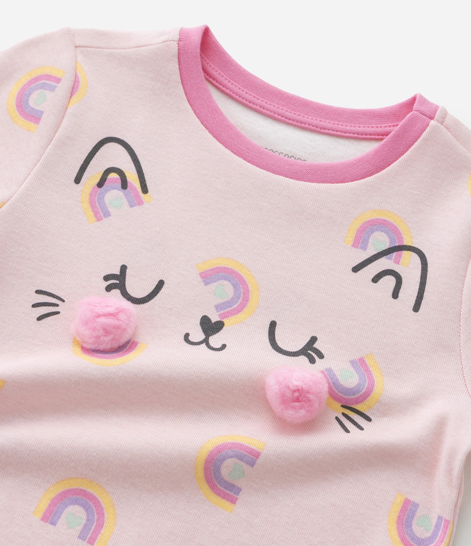 Pijama Curto Infantil com Estampa de Gatinho com Bochechas de Pompom - Tam 1 a 4 Anos Rosa claro 12