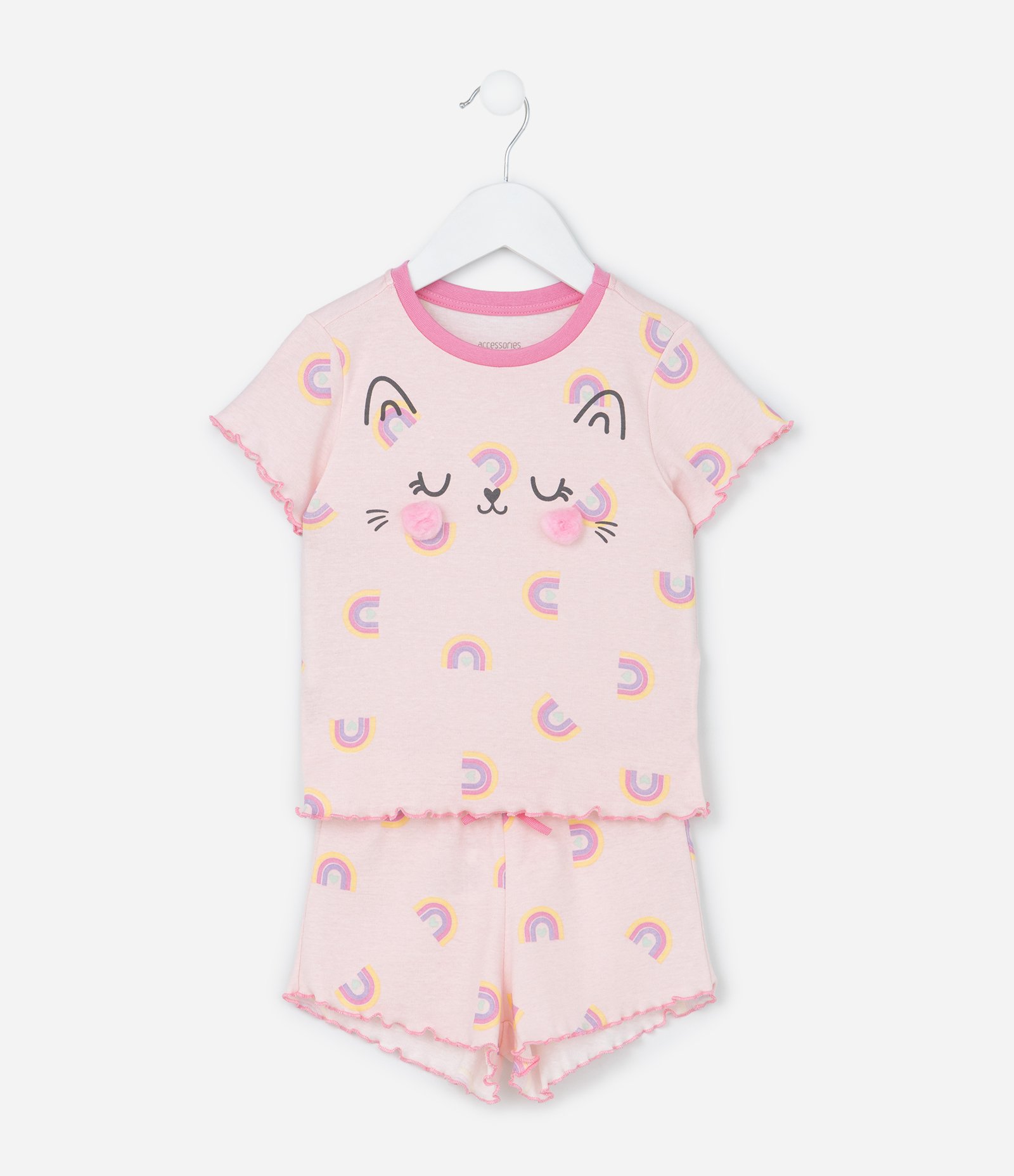 Pijama Curto Infantil com Estampa de Gatinho com Bochechas de Pompom - Tam 1 a 4 Anos Rosa claro 1